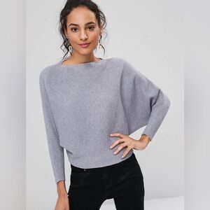 Heather Grey Ribbed Dolman Bat Long-Sleeve T-Shirt Modest Lightweight Stretc Top